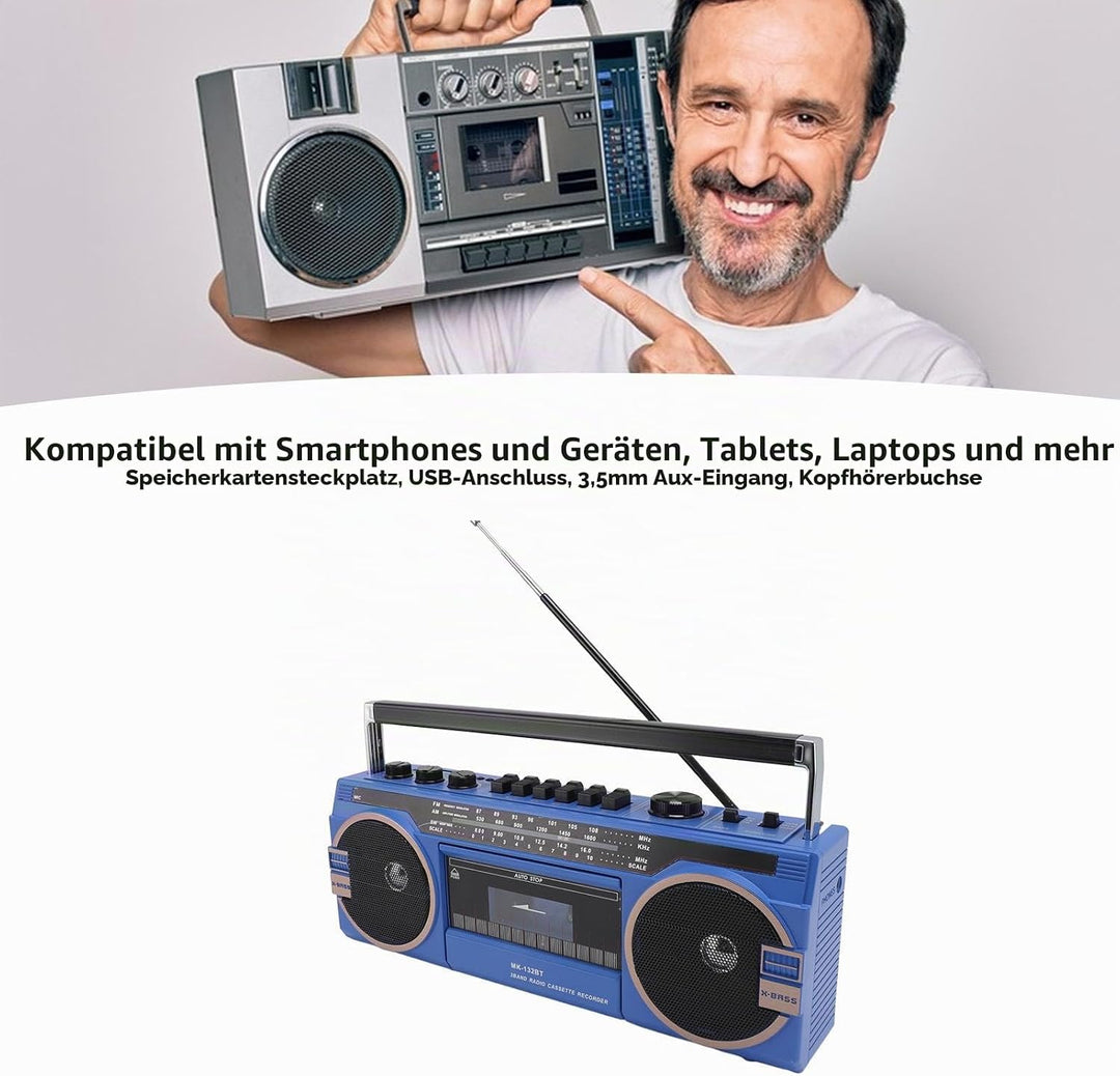 Kassetten Boombox, Retro Blueooth Boombox mit USB, SD und 3,5 Mm AUX Eingang, AM FM SW Kassettenspie