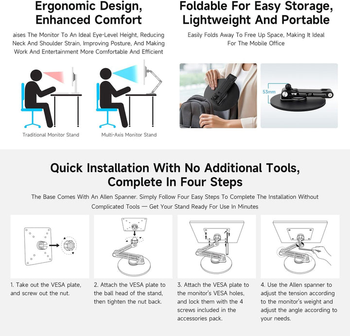 Waveshare VESA Portable Monitor Adjustable Stand, Compatible with Monitors Up to 19 Inches, Multi-Ax