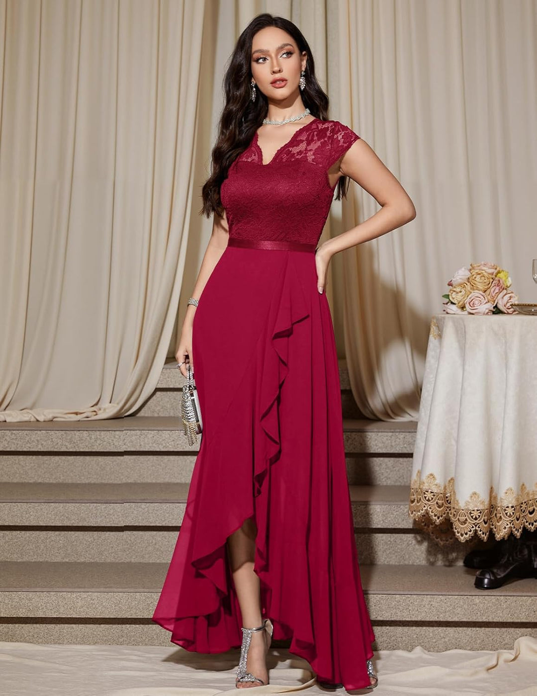 Bbonlinedress Abendkleider elegant für Hochzeit Spitzenkleid Chiffon Hi-Lo Kleid Brautjunferkleid Br