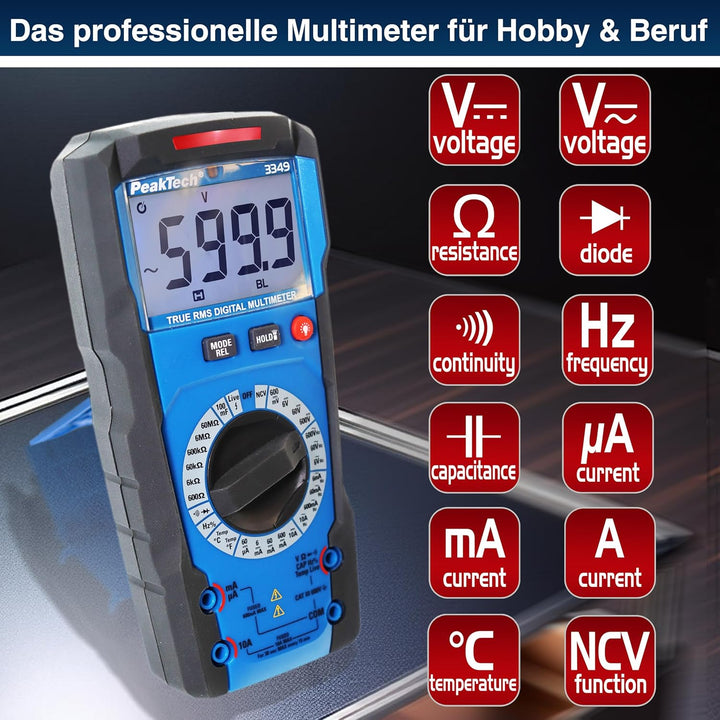 PeakTech 3349 – True RMS Digital Multimeter, Manual-Range, 6000 Counts, Durchgangsprüfer, Spannungsp