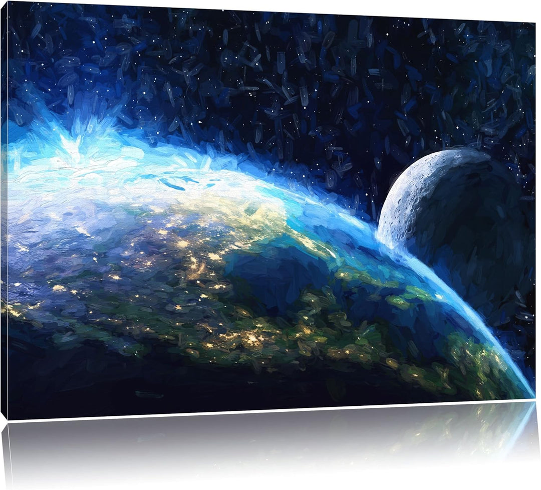 Pixxprint Erde und Ihr Mond aus dem All als Leinwandbild/Grösse: 100x70 cm/Wandbild/Kunstdruck/ferti