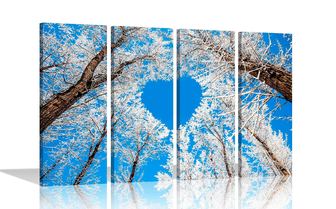 Leinwandbild, Herz-Baum mit blauem Himmel, 4-teilig, moderne Bilder, Heimbüro-Dekoration, gerahmtes