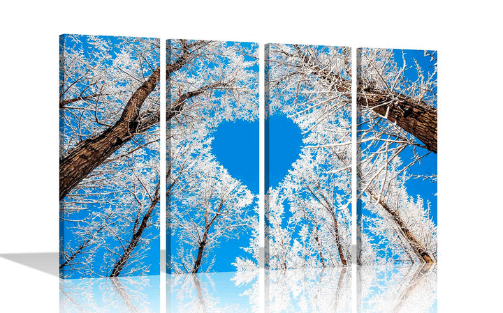 Leinwandbild, Herz-Baum mit blauem Himmel, 4-teilig, moderne Bilder, Heimbüro-Dekoration, gerahmtes