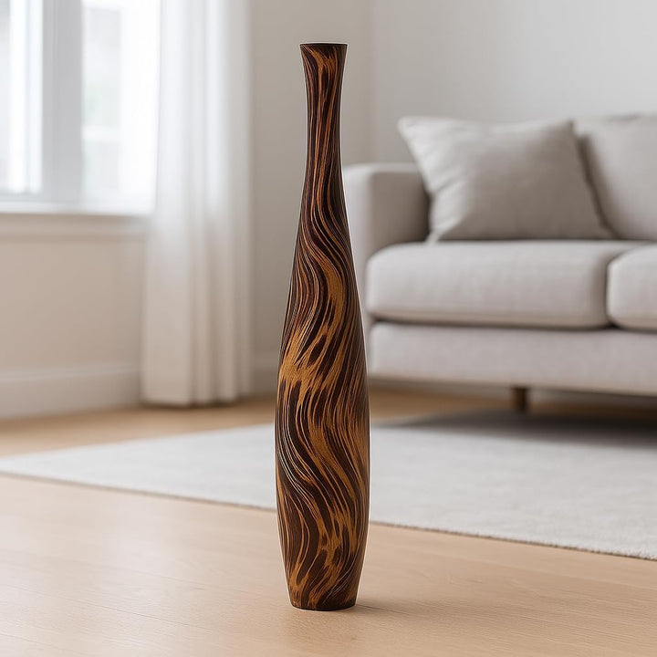 Leewadee Grosse Bodenvase für Dekozweige hohe Standvase Design Holzvase, Holz, 70 cm, Braun Hellbrau