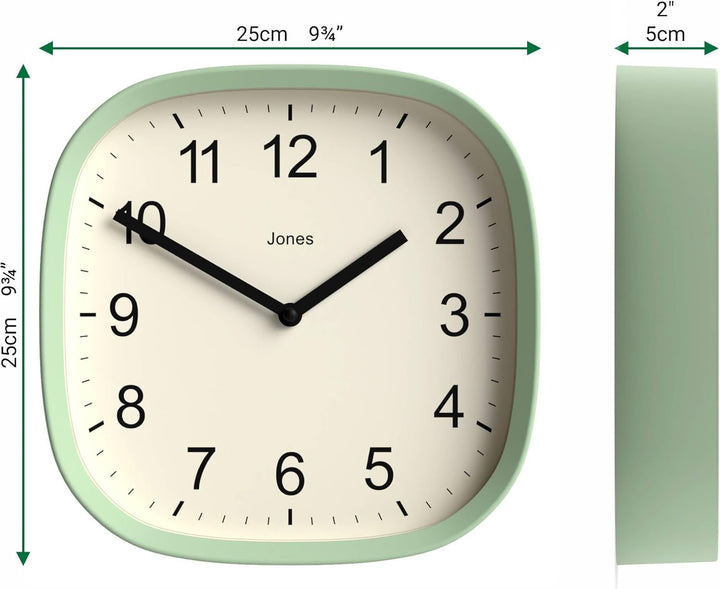 JONES CLOCKS Quadratische Retro-Wanduhr aus hochwertigem Acryl, 'Sprite' in Mintgrün, 25 x 25 x 5 cm
