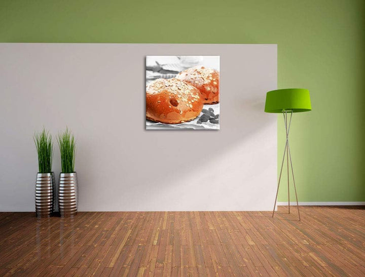 Pixxprint Rosinenbrötchen mit Hafer schwarz/weiss, Format: 70x70 auf Leinwand, 70x70