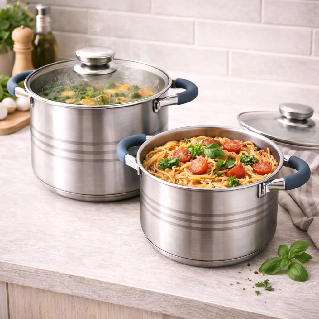 Topfset Edelstahl 10-teilig – Induktion Kochtopf Set mit Glasdeckeln, Töpfe Set Ø18–26 cm, Spülmasch