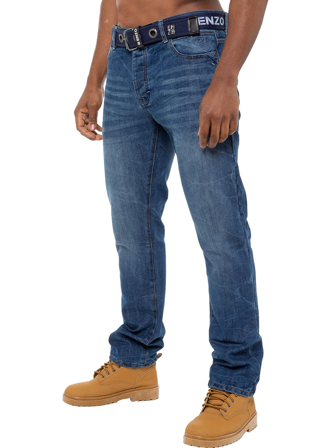 Enzo Designer-Herren-Jeans mit geradem Bein, normale Passform, Denim-freier Gürtel, King-Size-Grösse