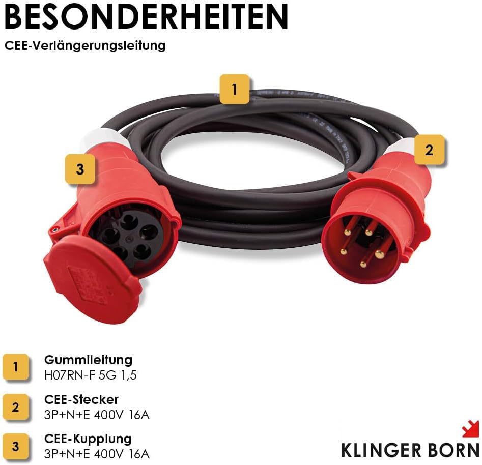 CEE-Verlängerungsleitung H07RN-F 5G2,5 | 16A - 5m, 10m, 20m, | Starkstrom, Kraftstrom | IP44 | Ideal