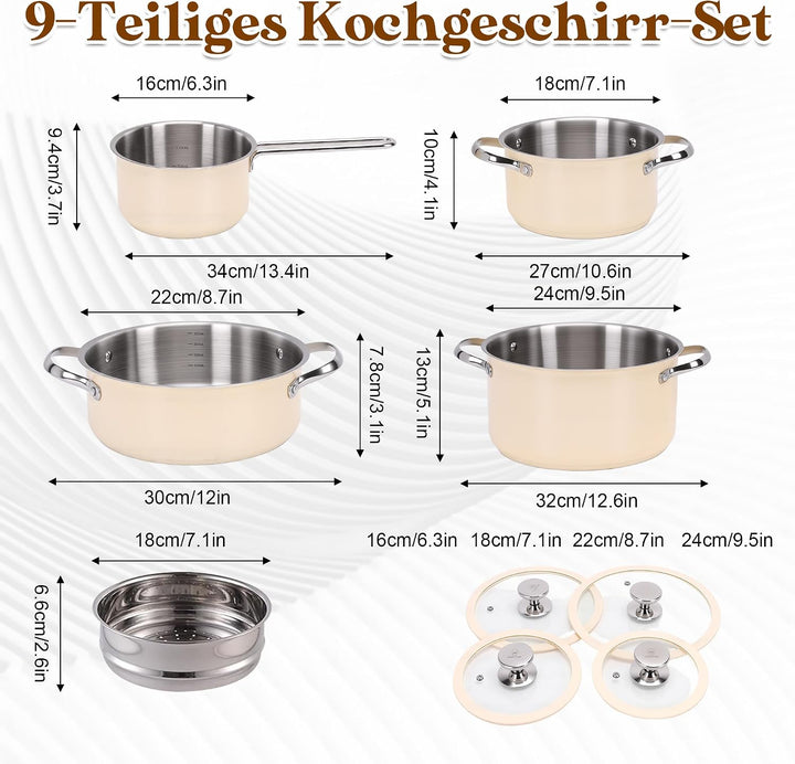 Edelstahl Kochgeschirr-Set Keramikbeschichtet, Beige | Kochtopf, Dampftopf, Suppentopf, Antihaftbesc
