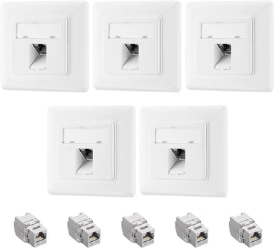 kwmobile Keystone Dose Modul Set - 5X Keystone Modul 5X Netzwerkdose 1-Port CAT 6A Kabel - 10Gibt/s