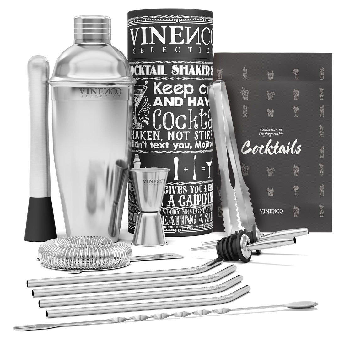 Cocktail Shaker Set + Rezeptbuch: Premium Edelstahl Bar Cocktailset Cocktailshaker Messbecher Strohh