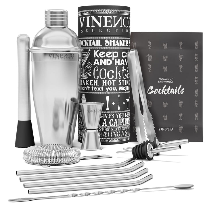 Cocktail Shaker Set + Rezeptbuch: Premium Edelstahl Bar Cocktailset Cocktailshaker Messbecher Strohh