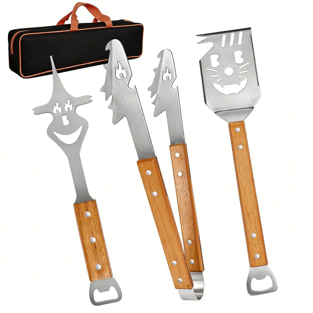 Grillbesteck Set 3-TLG,Grill Zubehör Set mit Extra-Langen Holzgriff und Tragetasche,Edelstahl,Antiro