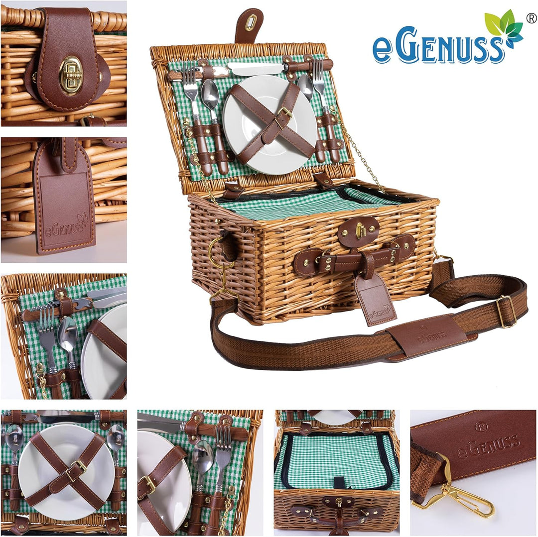 eGenuss 2er-Set handgefertigtes Picknickkorb für 2 Personen mit abnehmbarem Schultergurt, Kühlfach,