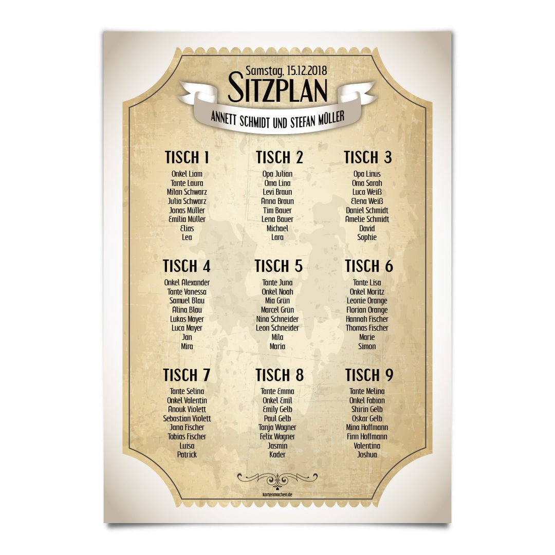 Hochzeit Sitzplan Plakat Sitzordnung individuell - Vintage Brautpaar in Weiss 1 Stück Weiss, 1 St&#x