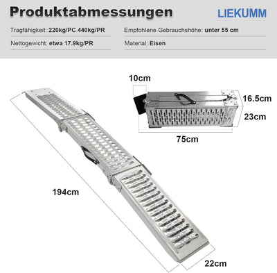 LIEKUMM 2 X Auffahrrampe, bis 440kg Laderampen, 194cm Auffahrrampe Klappbar für Motorrad, Anhänger,