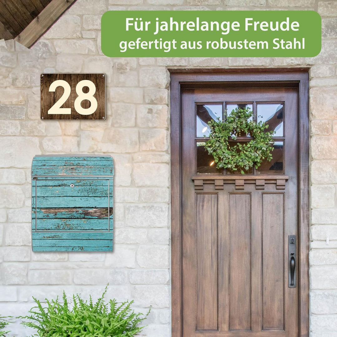banjado® Design Briefkasten mit Motiv Blaue Holzlatten 39x47x14cm &amp; 2 Schlüssel - Briefkasten Stahl