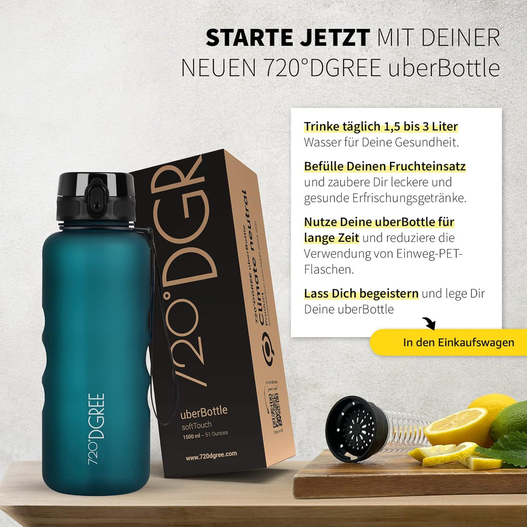 720°DGREE Trinkflasche “uberBottle“ 350ml, 500ml, 650ml, 1l softTouch +Früchtebehälter - Auslaufsich