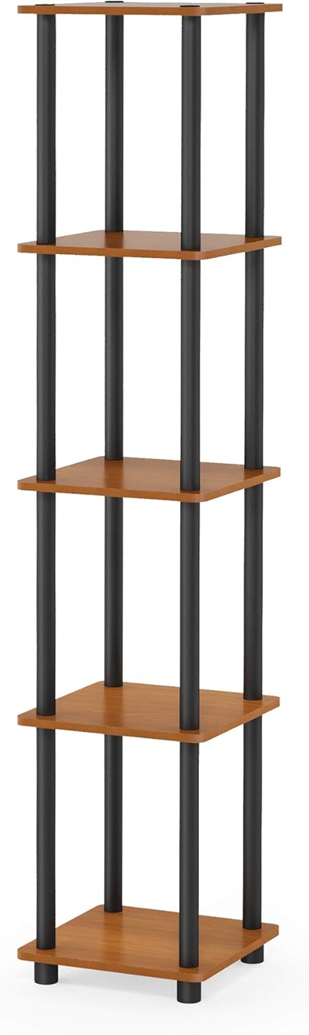 Furinno Viereckiges Regal mit 5 Ebenen, Kirsche hell/Schwarz, 29.46 x 29.46 x 146.56 cm Runde Rohre
