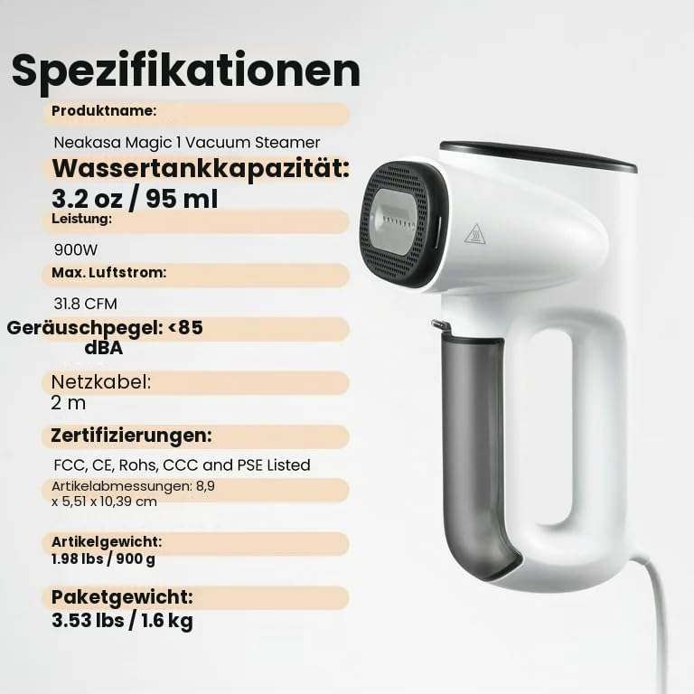 Neakasa Magic 1 Steamer Dampfglätter mit Saugfunktion, tragbarer Reisedampfglätter, 2300 Pa Saugleis
