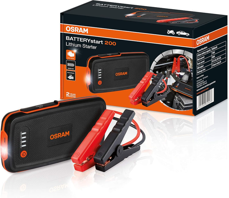 OSRAM BATTERYstart 200, KFZ Starthilfe, Lithium Batteriestarter 500A 12V für Motorrad & PKW mit Powe