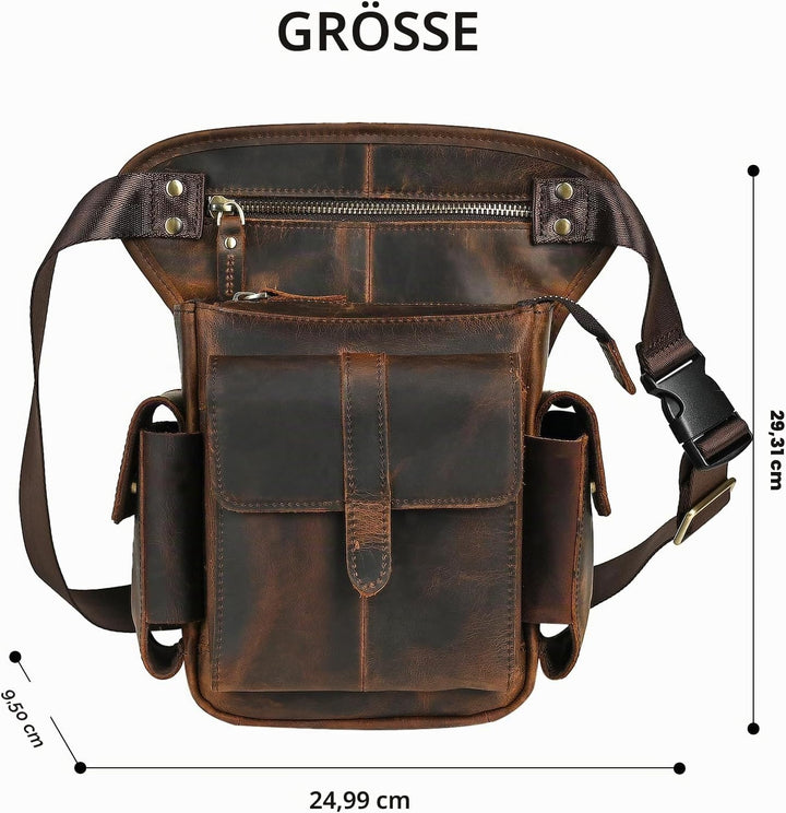 Herren Canvas + Leder Motorrad Reiten Tasche Beinbeutel Beintasche Aussenbeintasche Hüfttasche Drop