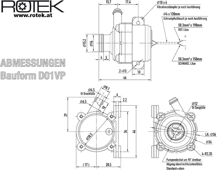 Lebensmittelechte Mini-Kreiselpumpe mit bürstenlosem Gleichstrommotor, Gehäuse:D01VP, 12VDC, 2,5l/mi