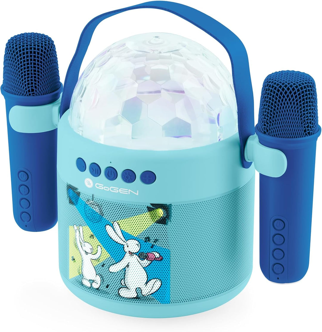 GOGEN Disco Kinder‑Bluetooth‑Party‑Lautsprecher I 6,5W I Karaoke mit 2 Mikrofonen I Licht‑Effekte I