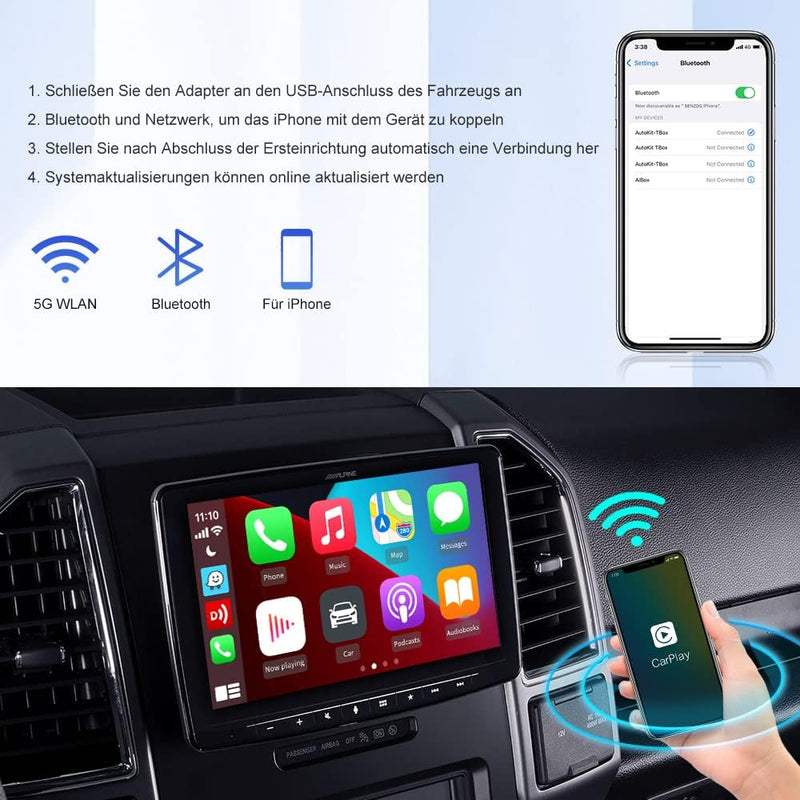 CarlinKit 3.0 Mini Wireless CarPlay Dongle，Plug&Play，Unterstützt OTA-Upgrade，kompatibel mit 98% der