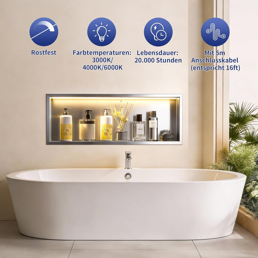 Wandnische Dusche Edelstahl mit LED,Duschnische mit Beleuchtung für Badezimmer Aufbewahrung,Einbau-N