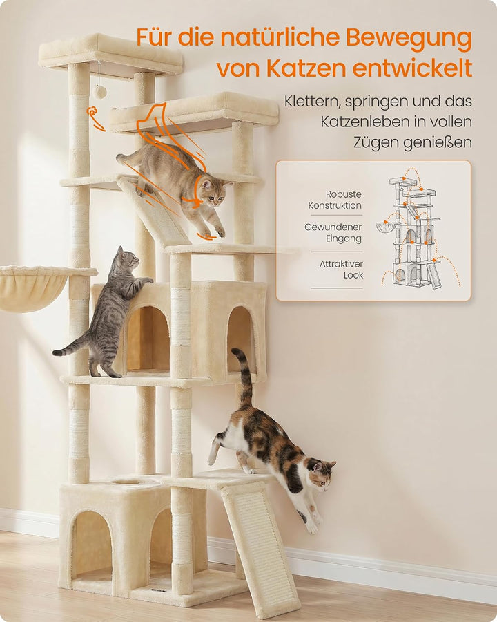 Feandrea Kratzbaum gross, 184,5 cm hoch, Katzenbaum, Katzenkratzbaum, mit 7 Kratzsäulen, 2 Kratzbret
