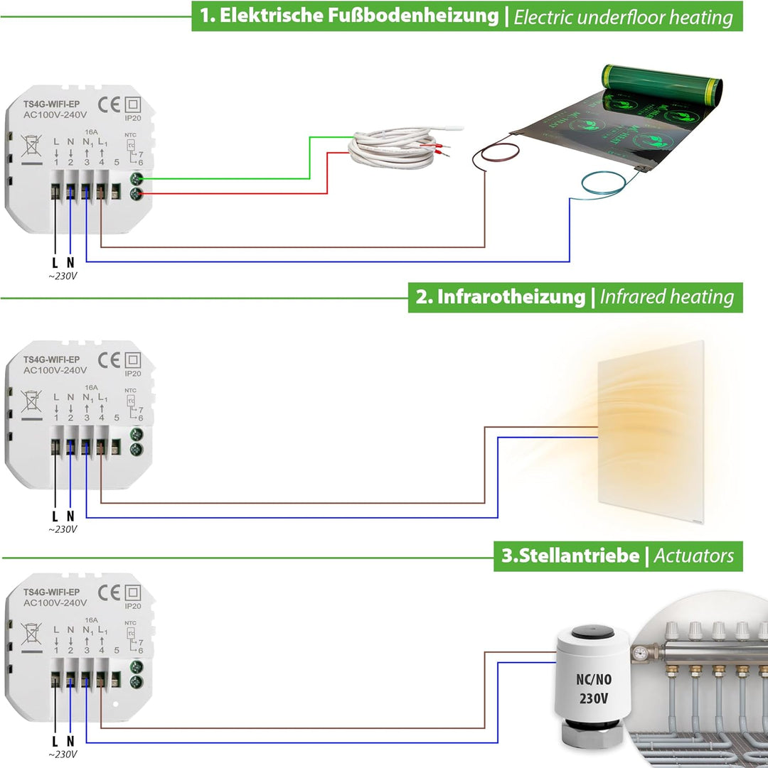 TH215 WiFi Thermostat Raumregler mit Tuya Smart App – für elektrische Fussbodenheizung, NC/NO Stella