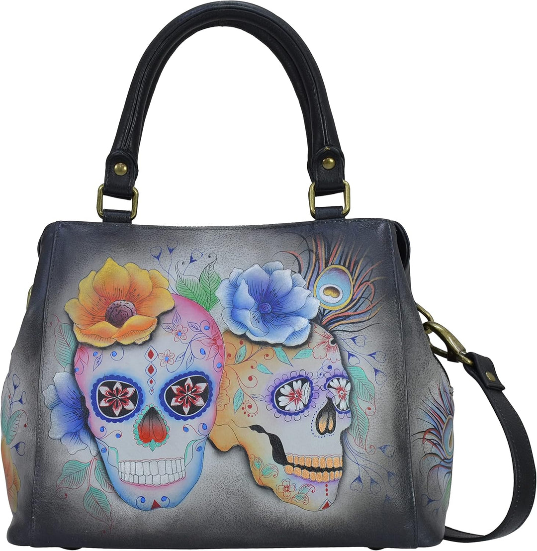 Anuschka Handbemalte Satchel Tasche mit mehreren Fächern aus Echtleder Calaveras De Azúcar, Calavera