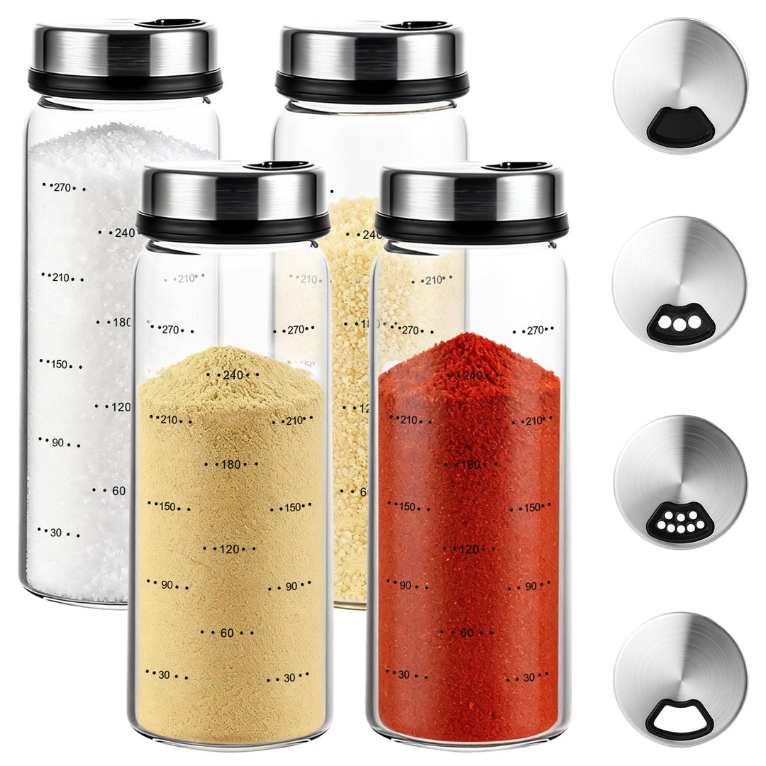 Gykutix 4 Stück 300ml Gewürzgläser mit Drehdeckel, Gewürzstreuer Glas, Gewürzdosen mit 4 Arten von G