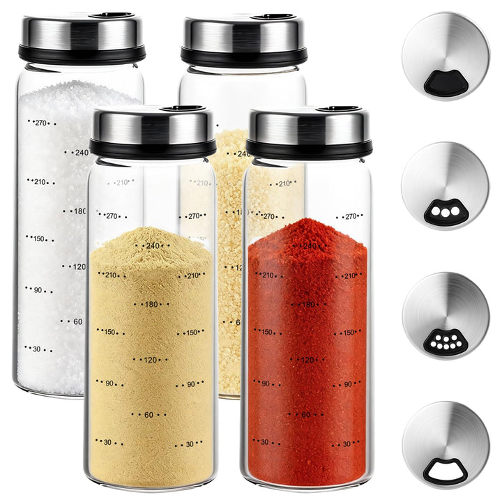 Gykutix 4 Stück 300ml Gewürzgläser mit Drehdeckel, Gewürzstreuer Glas, Gewürzdosen mit 4 Arten von G