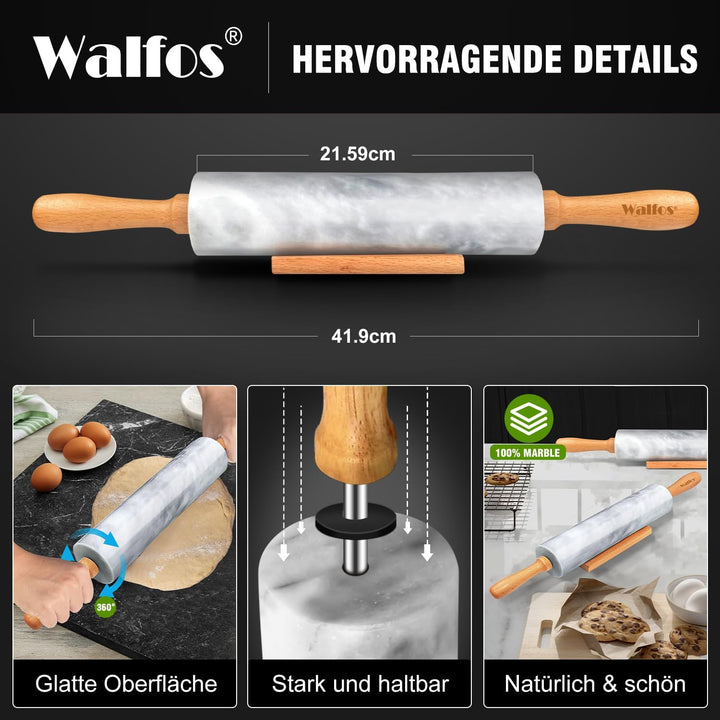 Walfos Nudelholz Marmor mit Holzgriffen & Holzwiege, 42cm Marmor-Nudelholz zur Herstellung von Pizza
