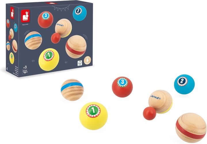 Janod - Pétanque-Spiel für Kinder Applepop - Geschicklichkeitsspiel - 6 Pétanque-Kugeln + 1 Zielkuge