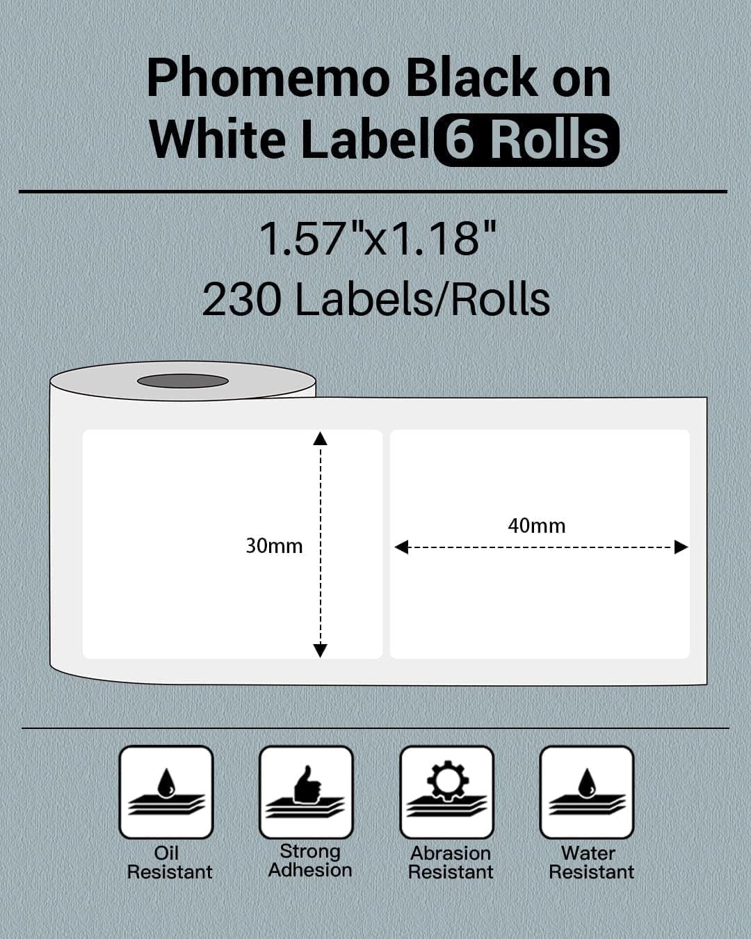 Phomemo 6 Rollen M110 Etikett, 6 Rollen M110/M110S/M120/M200/M220/M221 Thermopapier – 1,57" x 1,18"