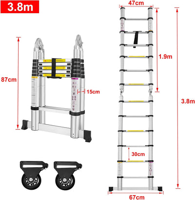 TRMLBE Teleskopleiter Klappleiter 3,8 m Ausziehleiter Leiter Ausziehbar Aluminium mit Stabilisator u