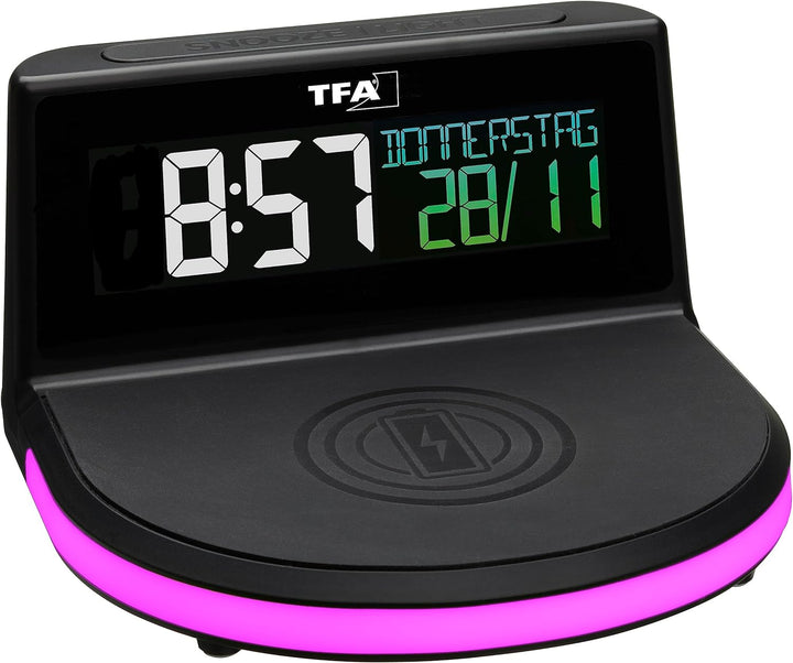 TFA Dostmann Charge-IT Wireless Digitalwecker, 60.2028.01, mit kabelloser Ladestation (Qi) für Smart