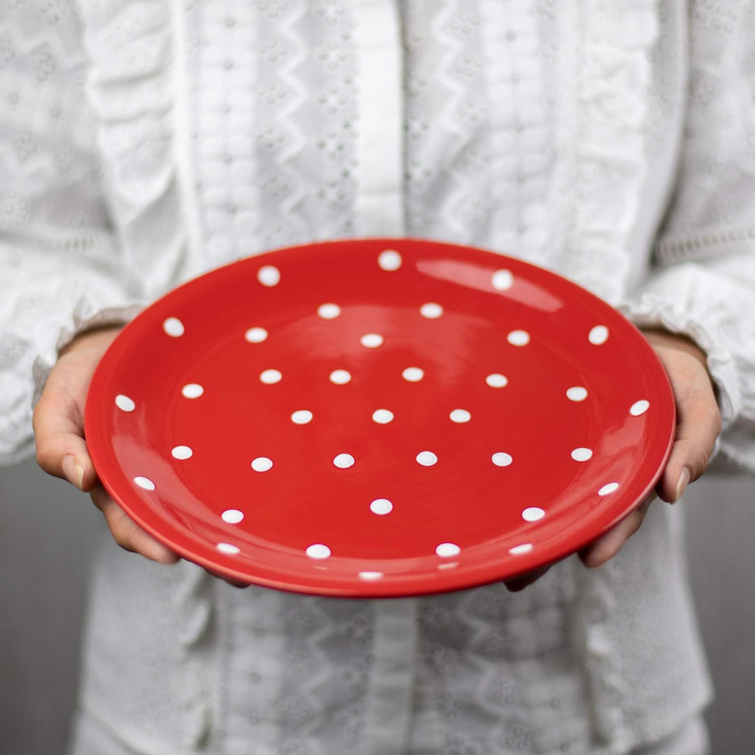 City to Cottage® - Keramik Teller 25.5 cm | Rot und Weiss | Polka Dots | Handgemacht | Grosser Speis