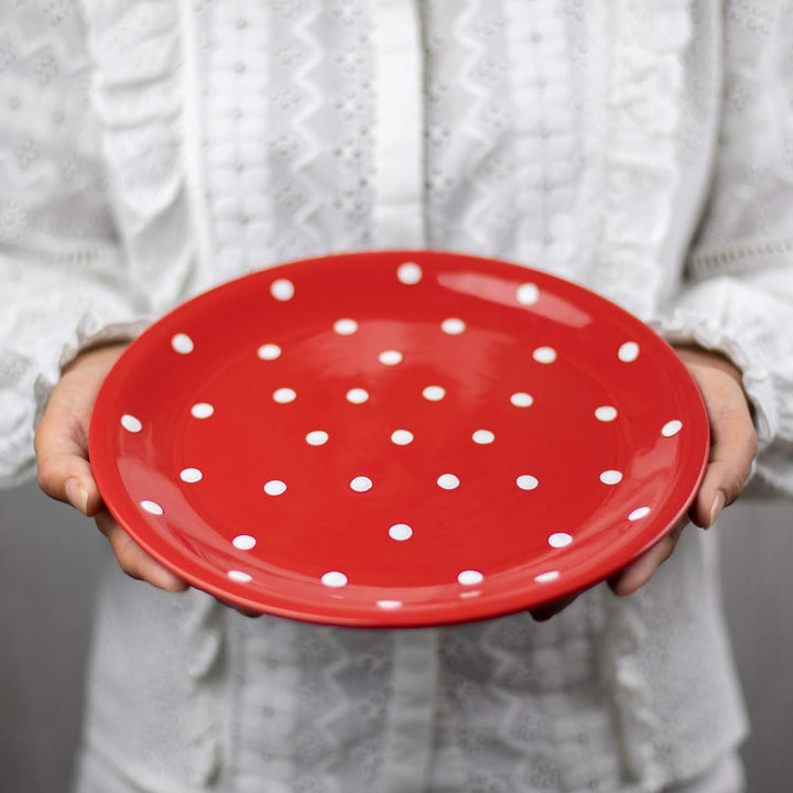 City to Cottage® - Keramik Teller 25.5 cm | Rot und Weiss | Polka Dots | Handgemacht | Grosser Speis
