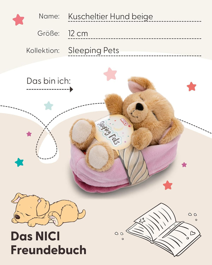NICI Kuscheltier Hund 12cm schlafend im Körbchen - beige - 63133 | Stofftier aus weichem Plüsch, nie