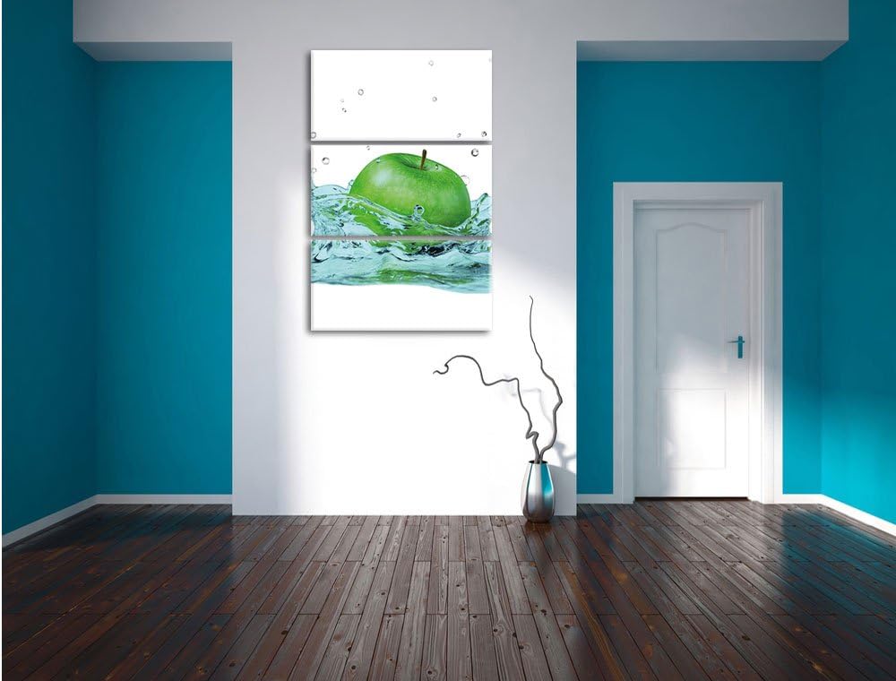 Pixxprint Grüner Apfel fällt in Wasser als Leinwandbild/Grösse: 3 Teilig (120x80) cm/Wandbild/Kunstd