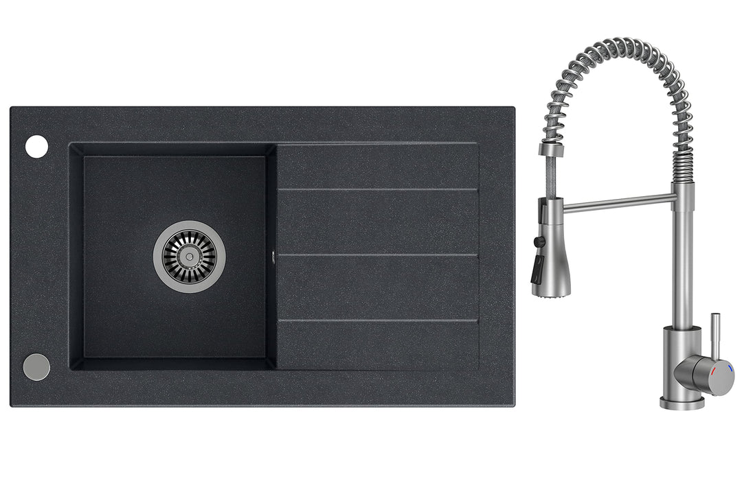 VBChome Spülbecken Premium 77x46 mit Armatur Schwarz Granitspüle Spüle Einbauspüle Abtropffläche Ein