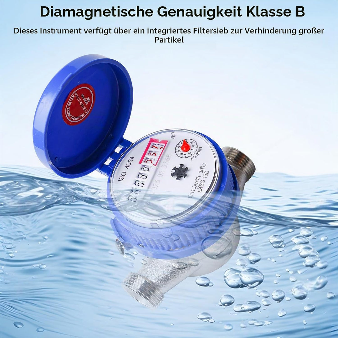 Wasserzähler Garten, 1/2 Zoll Geeicht Kalt Wasseruhr Haushalt Kaltwasserzähler mit Armaturen und Sch