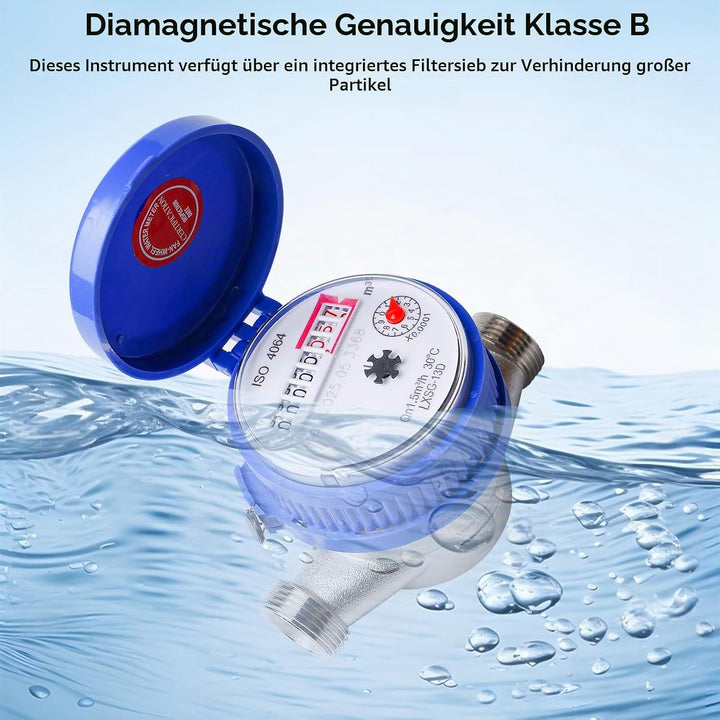 Wasserzähler Garten, 1/2 Zoll Geeicht Kalt Wasseruhr Haushalt Kaltwasserzähler mit Armaturen und Sch