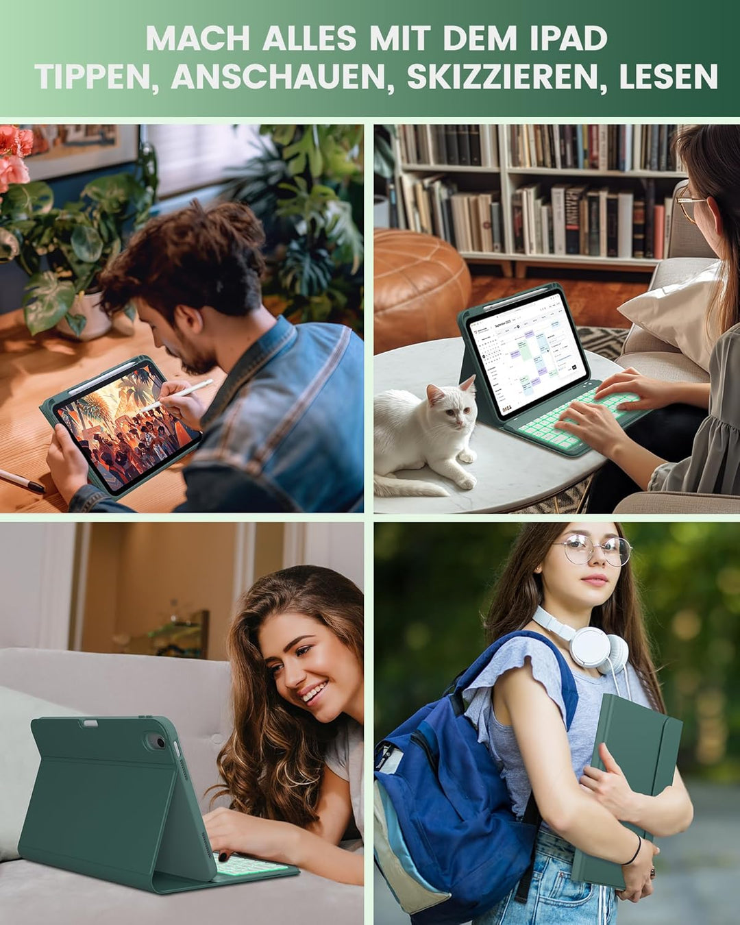 typecase Hülle mit Tastatur für iPad A16 11/10 Generation((2025/2022, 11/10.9 Zoll),7-farbige Beleuc