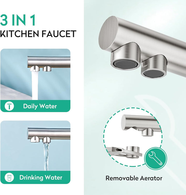 CREA 3 Wege Wasserhahn Küche, 360° Drehbar Küchenarmatur, 3 in 1 Mischbatterie für Wasserfilter, Tri